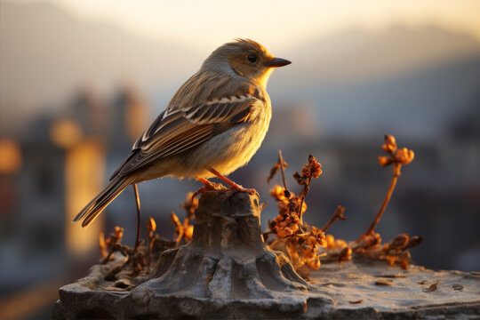 Art work: small bird sitting on a dry branch and sunlight