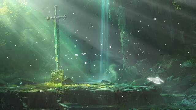 sword in the stone fantasy background. seamless looping overlay 4k virtual video animation background