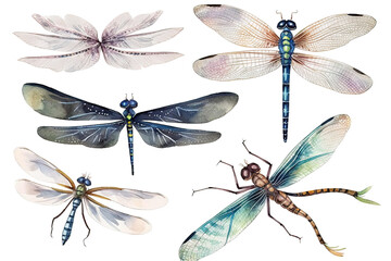 Watercolor set dragonfly - obrazy, fototapety, plakaty