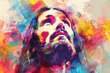 A digital painting featuring Jesus Christ with long hair and a beard against an abstract colorful background