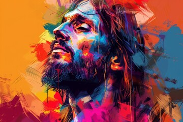 A digital painting of a man with long hair, set against an abstract colorful background