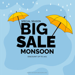 vector design monsoon season sale horizontal banner promotion with a podium for display products. umbrellas, clouds, rainfall, rainbow.