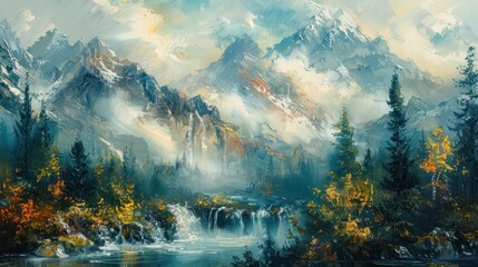 A textured oil painting showcasing a breathtaking natural landscape with mountains and tropical forests, crafted with a bold color palette and a palette knife technique.