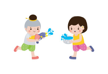 Songkran festival kids thai Traditional enjoy splashing water Thailand New Year Day Vector Illustration template Thailand concept on white background