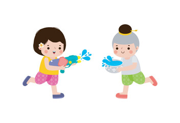 Songkran festival kids thai Traditional enjoy splashing water Thailand New Year Day Vector Illustration template Thailand concept on white background