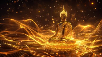 a buddhist statue surrounded by gold light thai line, in the style of illusory wallpaper portraits, flowing lines, glowing lights, dark and intricate, khmer art, low resolution, ferrania 