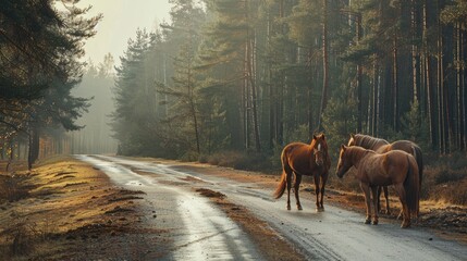 Horses standing on the road near forest at early morning or evening time. Road hazards, wildlife and transport. - obrazy, fototapety, plakaty