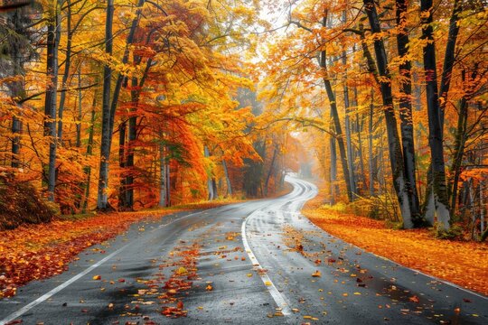 Beautiful scenery of a road in a forest with a lot of colorful autumn trees.