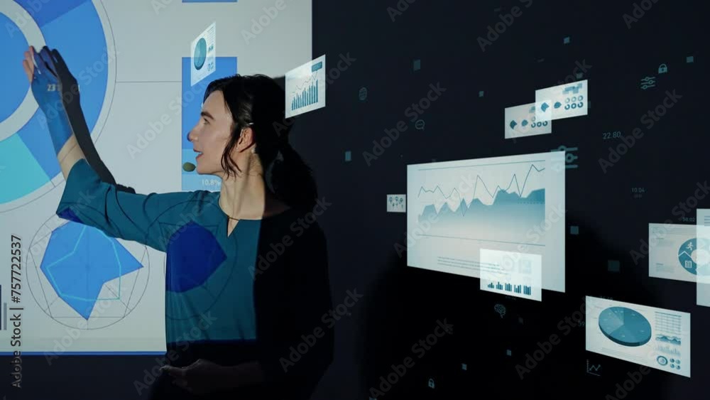 Poster young businesswoman giving a presentation using a projector and digital documents concept.
