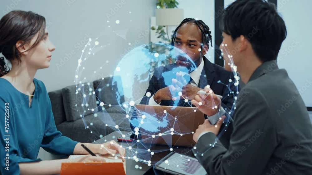 Poster group of multinational businessperson meeting in office and global communication network concept.