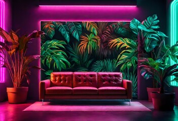 Leather sofa in a room with tropical plants and neon lightin