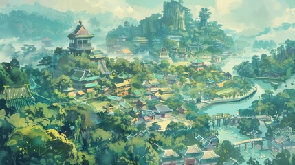 a painting of a Asian countryside, in the style of art nouveau-inspired illustrations, panorama,...