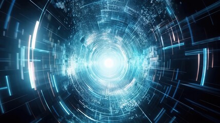 Obraz premium Digital cyberspace glowing tunnel on dark abstract background with copy space. Blue color. Cyber data vortex illustration.
