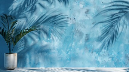A simple background with product placement, featuring a palm tree shadow on a blue plaster wall. This creates a luxurious summer architecture interior aesthetic. - obrazy, fototapety, plakaty