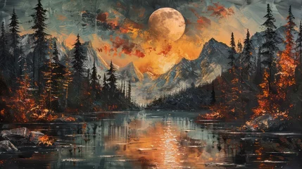 Zelfklevend Fotobehang An oil painting depicting a stunning mountain landscape, muted color © Matthew