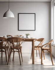 home interior design mock up template showcase dinning room in natutal wooden colour material scheme ideas concept with blank picture frame mockup on white walll background. Scandinavian style