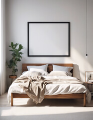 Blank frame mockup near bed. Empty white poster frame on the wall of bedroom. Modern contemporary design of luxurious cozy home interior, apartment and Mock up frame in teenager bedroom.