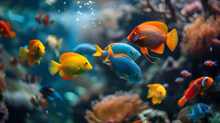 Colorful fishes swimming in vibrant underwater coral reef, creating a mesmerizing aquatic scene. Tropical marine life exploration and biodiversity concept. Generative AI

 - obrazy, fototapety, plakaty