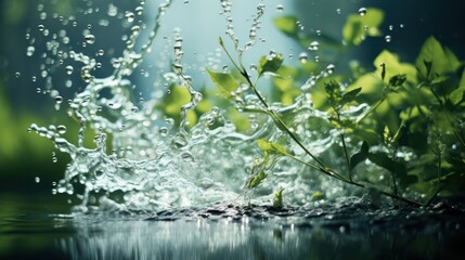Naklejka premium Water splash with green plants and drops.