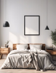 Fototapeta na wymiar Blank frame mockup near bed. Empty white poster frame on the wall of bedroom. Modern contemporary design of luxurious cozy home interior, apartment and Mock up frame in teenager bedroom.