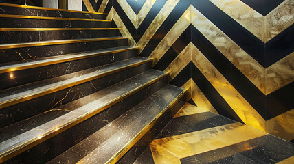 Designing a staircase in a bold chevron pattern, using contrasting colors like black and gold, to create a striking visual impact in the lobby.