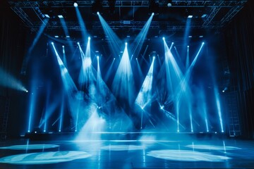 People standing on a modern stage with bright lights, ready to perform a dance production