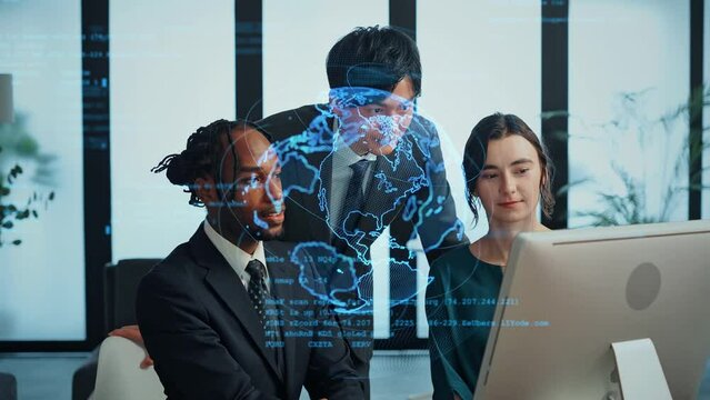 オフィスで会議する多国籍ビジネスパーソンのグループとグローバルネットワーク