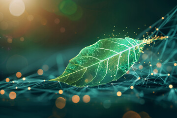 magic green leaf on digital technology background by generative AI.