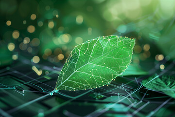 magic green leaf on digital technology background by generative AI.