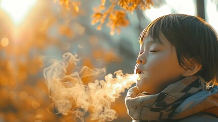 Little child suffers from asthma Show the effects of air pollution on health. - obrazy, fototapety, plakaty