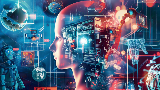 Introduction to AI Visualization": A visually rich collage showcasing the evolution of technology, starting from early computing machines like the ENIAC to modern AI systems.