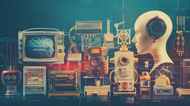 Introduction to AI Visualization": A visually rich collage showcasing the evolution of technology, starting from early computing machines like the ENIAC to modern AI systems.