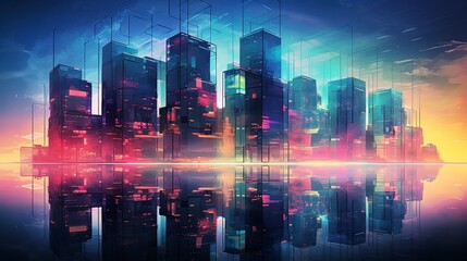 Obraz premium Reflective skyscraper business office buildings towering over a bustling metropolis, Generative ai.