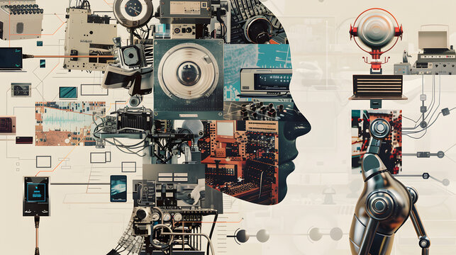 Introduction to AI Visualization": A visually rich collage showcasing the evolution of technology, starting from early computing machines like the ENIAC to modern AI systems.