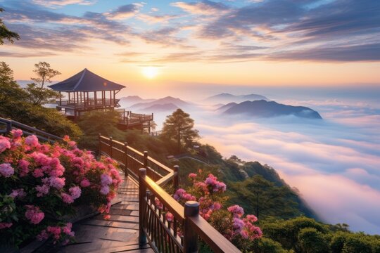 Morning mist at Doi Inthanon Chiang Mai Province It shows a beautiful view of mountains and a sea of mist.