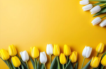 Beautiful white and yellow tulips on the pastel yellow background. Horizontal background for banner, greeting card, invitation. Women's Day, Valentine's Day, wedding.
