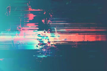 A digital glitch error creates a vibrant abstract background in shades of blue and pink, featuring intersecting lines