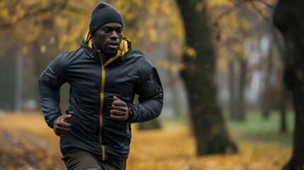 Man is running in rain wearing black jacket and yellow hat