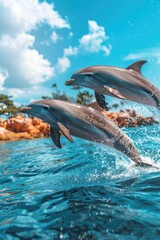 Two dolphins are jumping out of water in ocean