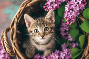 Kitten is sitting in basket of flowers