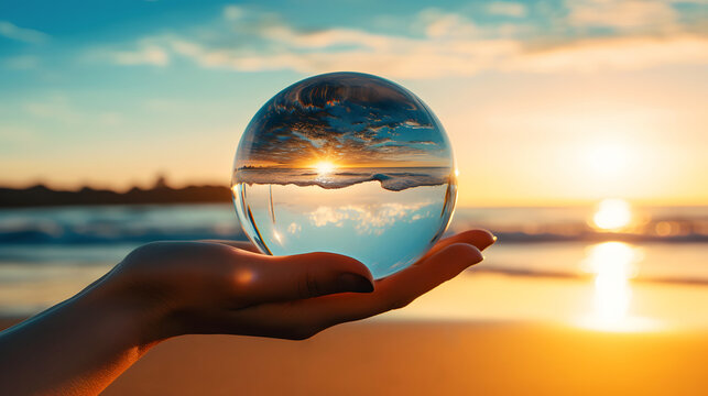 A person's hand holding a crystal ball that reflects the beautiful sunset over the ocean horizon, showing an inverted view