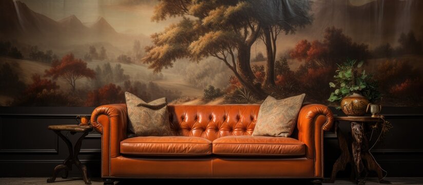 An art piece hangs on the wall behind the hardwood couch, adding a touch of outdoor beauty to the indoor furniture arrangement