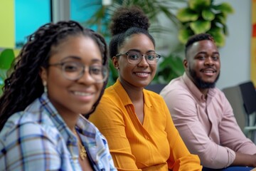 Obraz premium Three people are sitting together, smiling and looking at camera