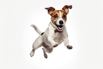 Dog is jumping in air and is smiling