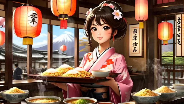 Japanese woman serving foods in restaurant. Seamless looping timelapse 4k video animation background