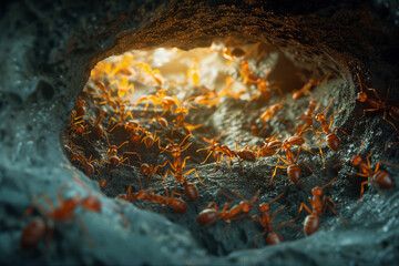 Close-up of a bustling underground ant colony showcasing ants collaborating to expand their nest