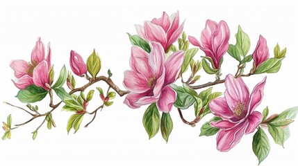 Painting of pink flowers with green leaves