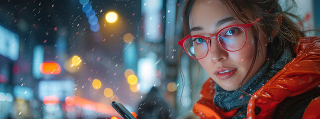 Seamless tech integration: woman, smartphone, data analytics,generative ai