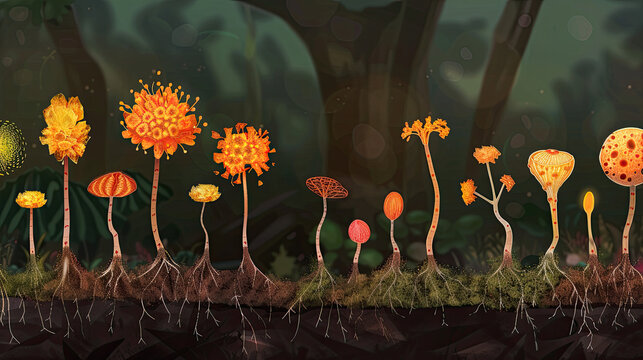 "Slime Mold Splendor: A Journey from Spore to Bloom". An artistic depiction of slime mold's life stages, vividly illustrating its captivating growth cycle within a forest habitat.