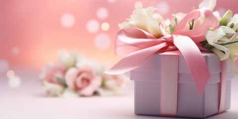 White box with pink ribbon and flowers on top of it
